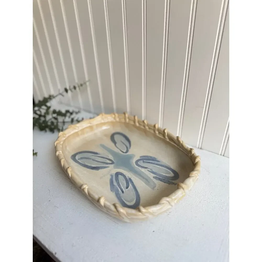 Handmade Ceramic Basket-Weave Tray | Artist Signed Pottery Blue Abstract Motif